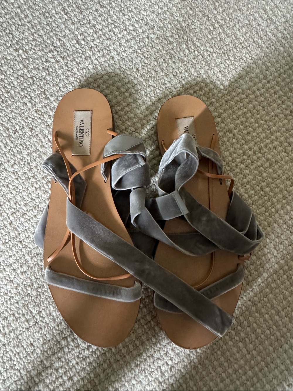Valentino Gray Velvet Wrap Flat Sandals